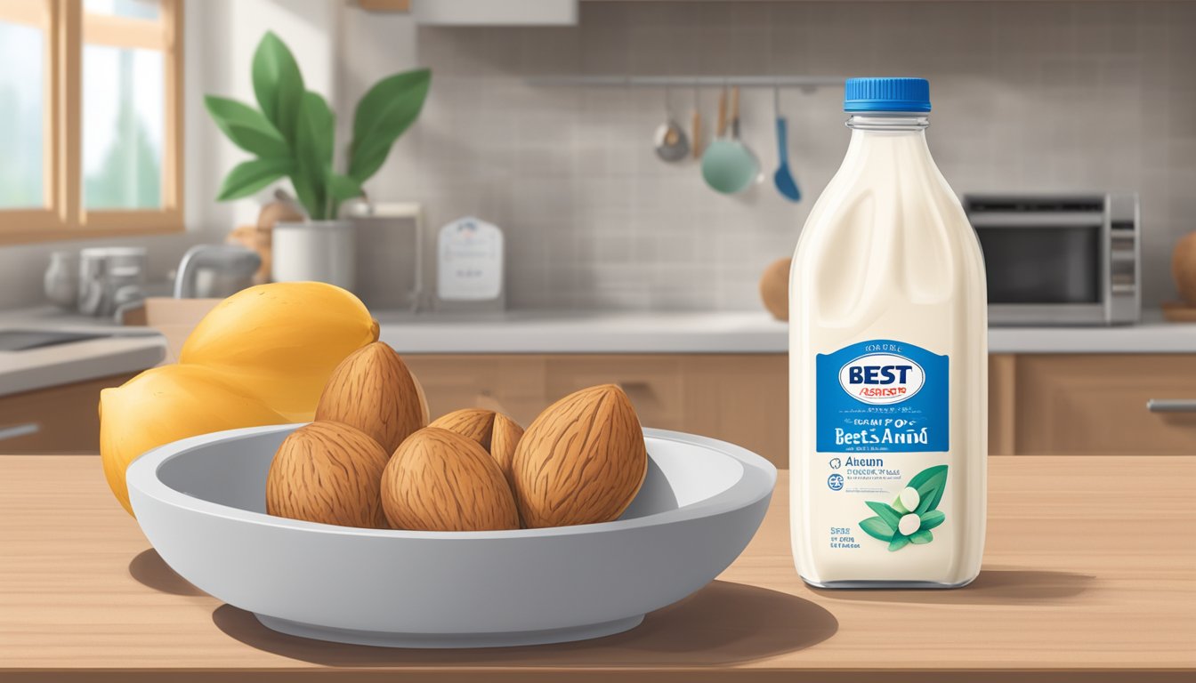 A carton of Silk Almond Milk sits on a kitchen counter next to a calendar, with the date circled. The carton is unopened and has a "best by" date clearly visible