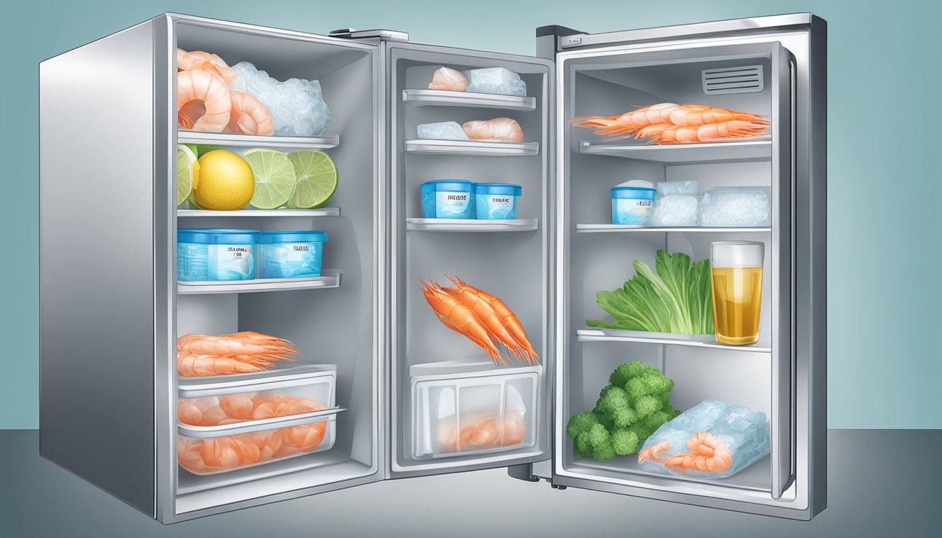 A refrigerator with a container of raw shrimp, ice packs, and a thermometer