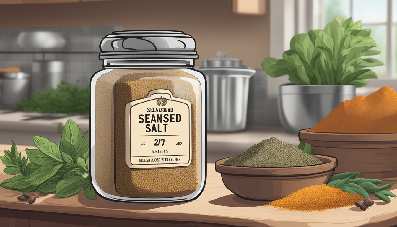 A jar of seasoned salt sits on a kitchen shelf, surrounded by other spices and herbs. The label indicates the date it was opened, and the jar is tightly sealed