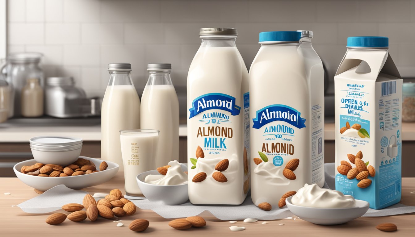 An open carton of Silk Almond Milk sits on a kitchen counter, surrounded by various expiration date labels and a calendar