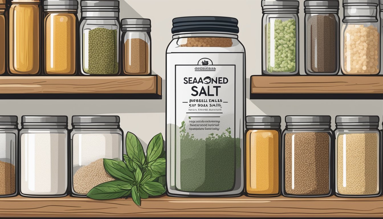 A jar of seasoned salt sits on a clean, organized pantry shelf, surrounded by other spices and herbs. The label is clear and easy to read, indicating the expiration date