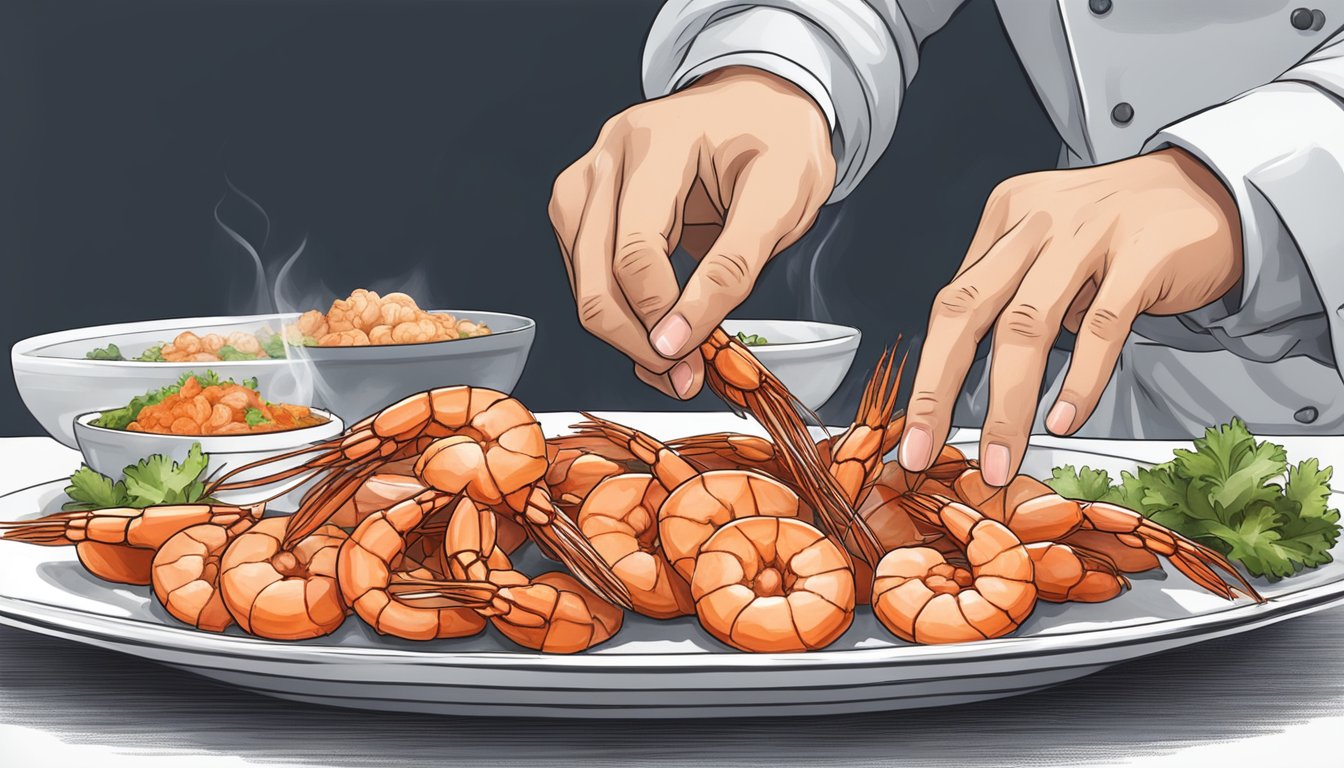 A hand reaches for a cooked shrimp on a white plate