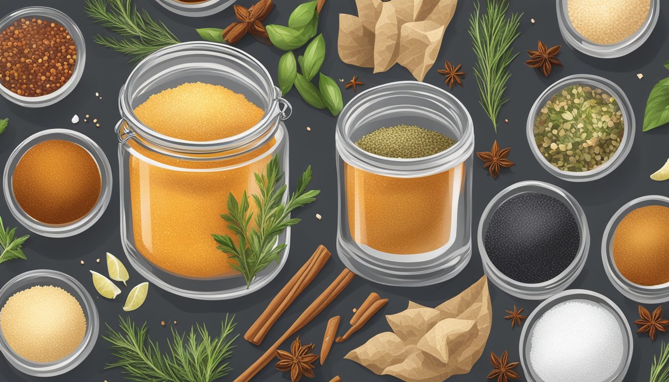 A jar of homemade seasoned salt on a kitchen counter, surrounded by various spices and herbs