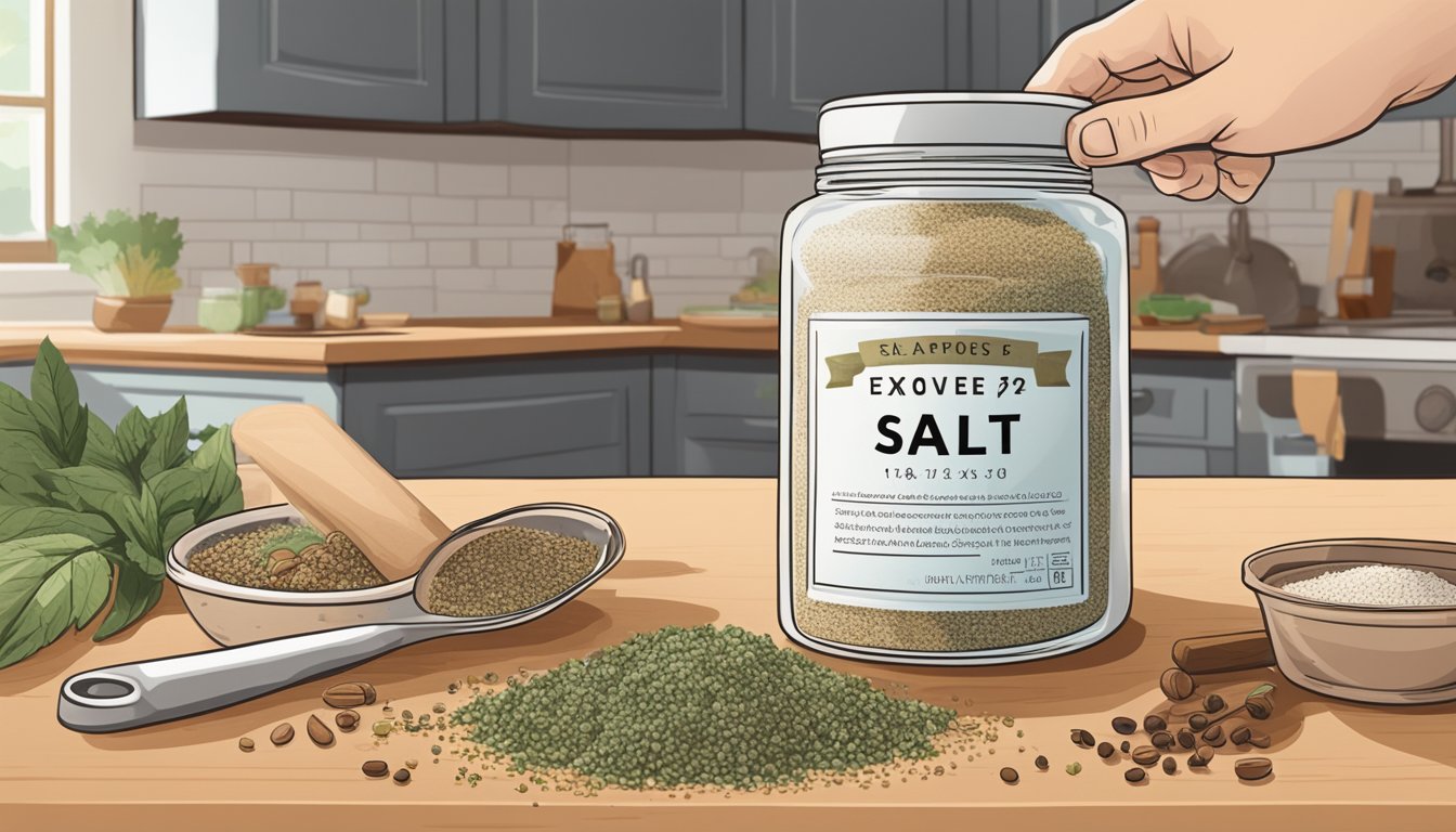 A jar of seasoned salt sits on a kitchen counter, surrounded by various spices and herbs. The label indicates the expiration date, while a hand reaches for it