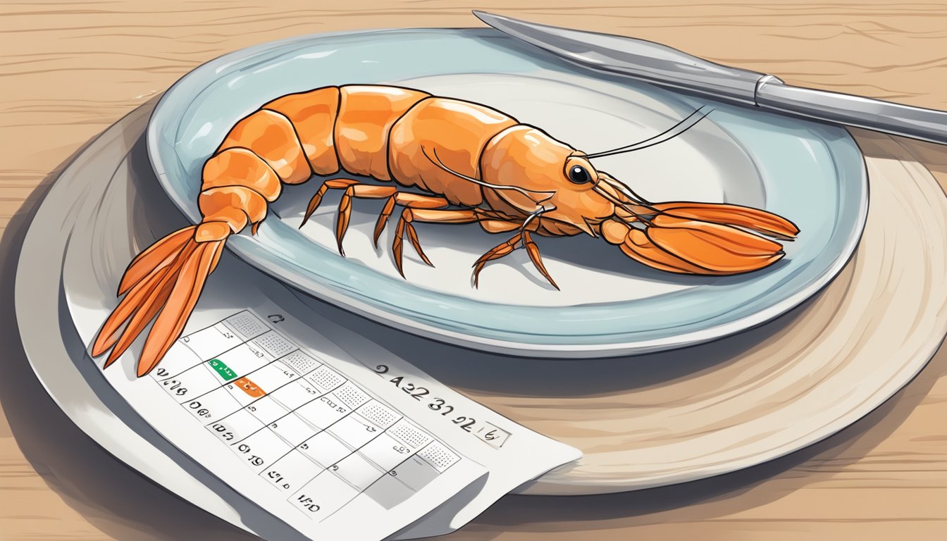 A shrimp on a plate with a calendar showing the current date and a question mark above it