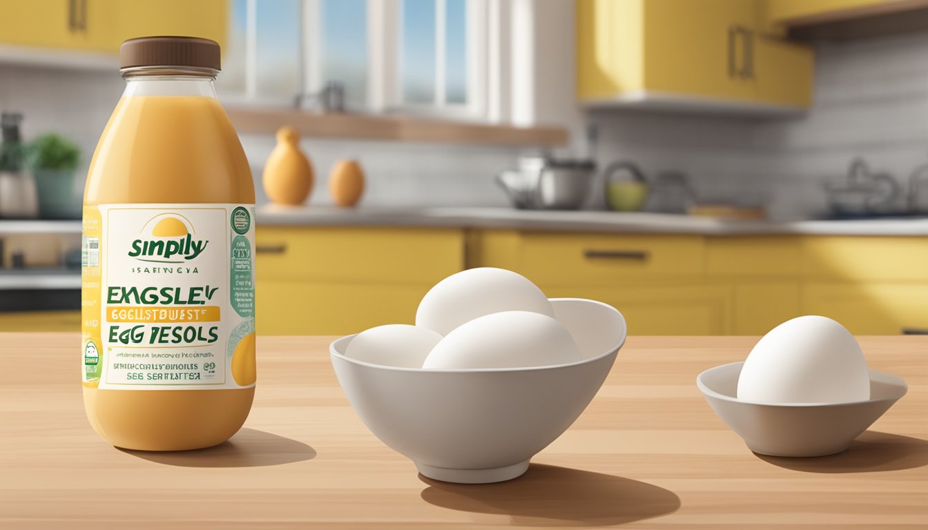 A bottle of Simply Eggless Liquid Egg Substitute sits on a kitchen counter next to a carton of eggs, with a calendar showing the current date in the background