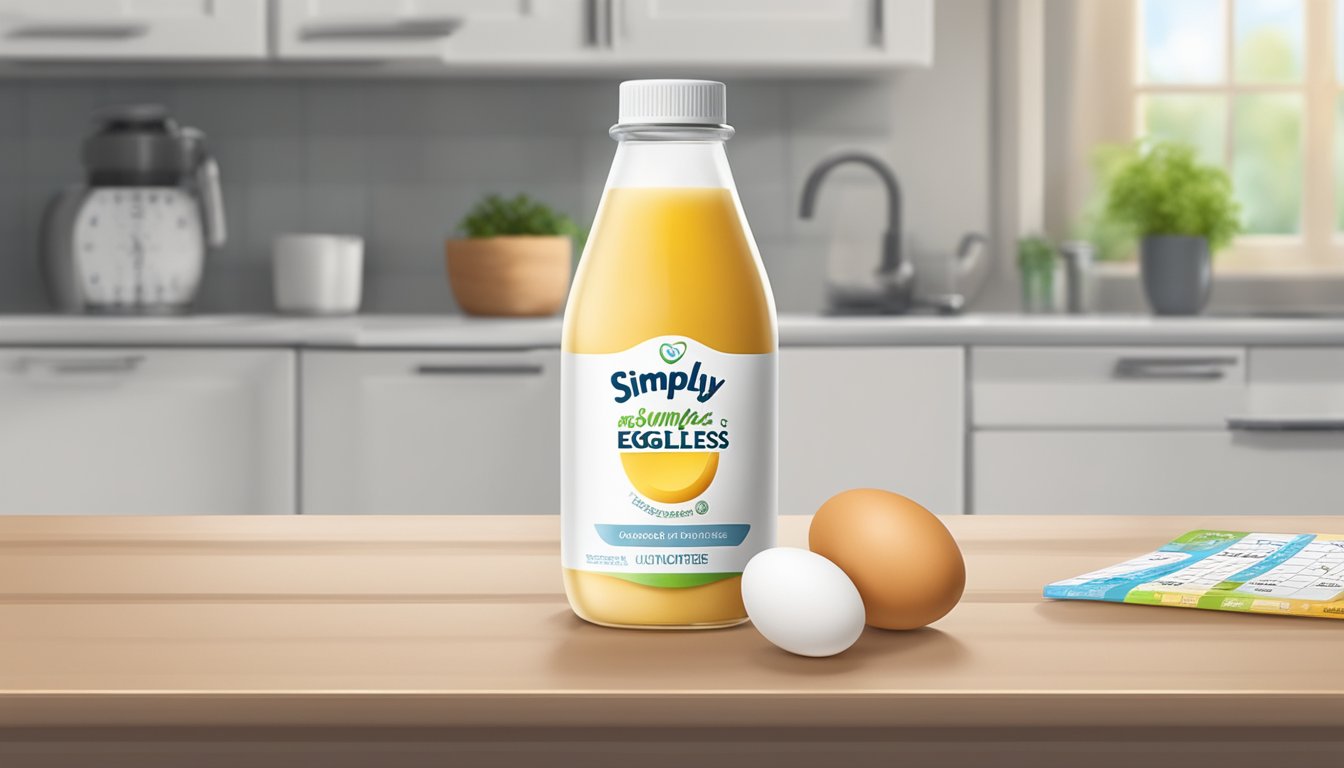 A clear, unopened bottle of Simply Eggless Liquid Egg Substitute sitting on a kitchen counter next to a calendar with the date circled