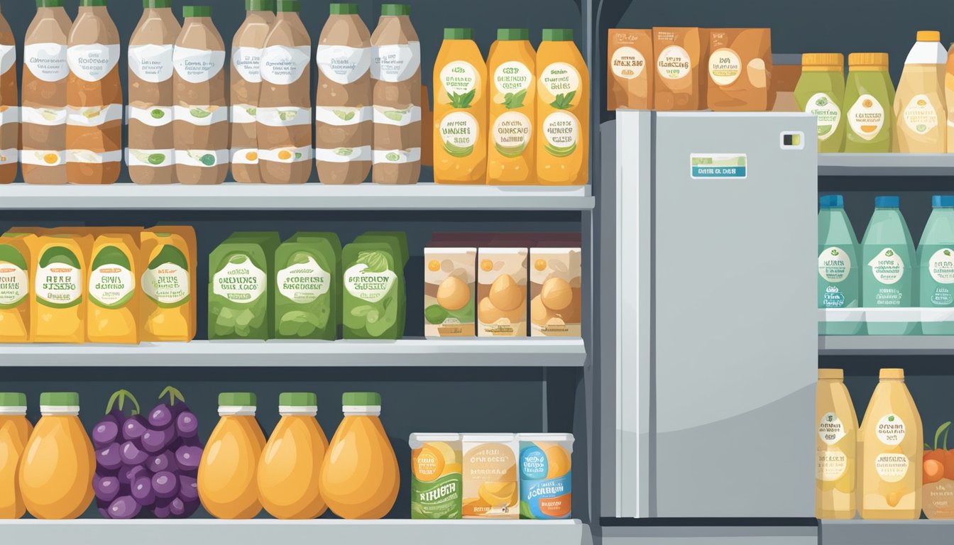 A refrigerator shelf filled with cartons of Simply Eggless Liquid Egg Substitute, surrounded by fresh produce and labeled with expiration dates