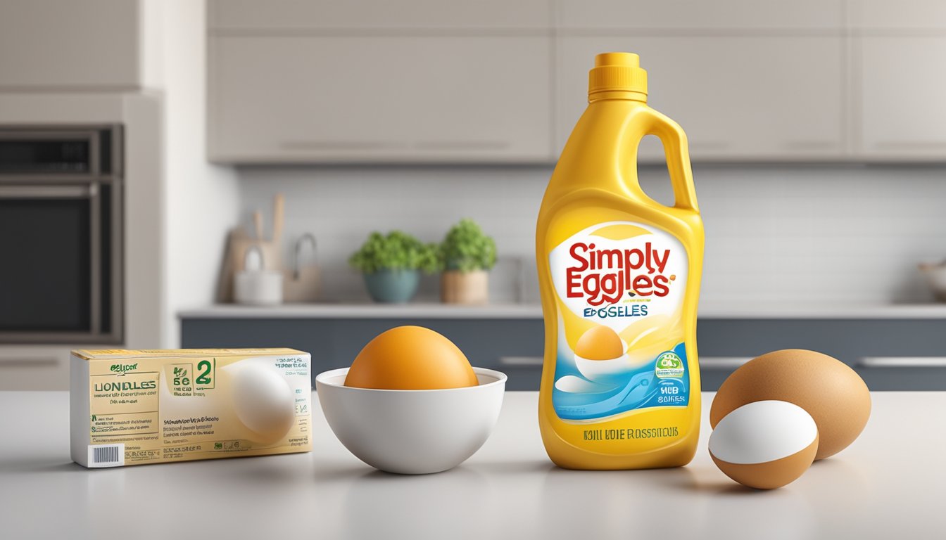 A carton of Simply Eggless Liquid Egg Substitute sits on a kitchen counter, with a clear expiration date label and signs of spoilage such as a foul odor and discolored liquid