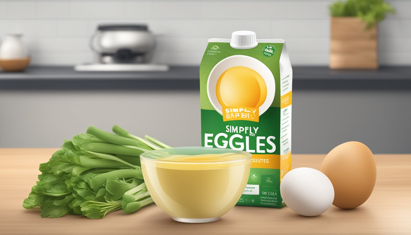 A carton of Simply Eggless Liquid Egg Substitute sits on a kitchen counter, surrounded by fresh vegetables and a measuring cup