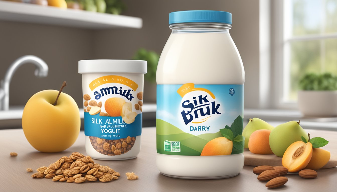 A sealed container of Silk Almondmilk Dairy-Free Yogurt Alternative sits in a refrigerator next to fresh fruit and granola