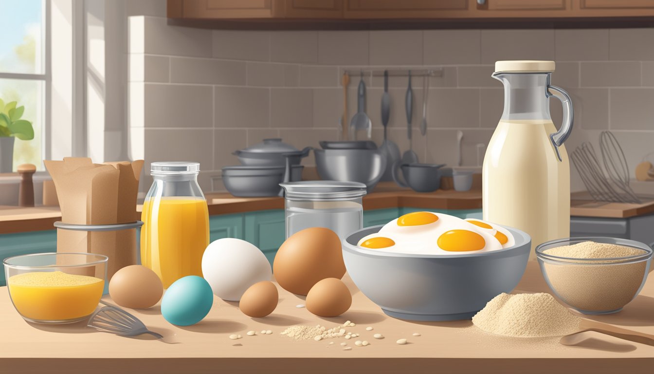 A carton of Simply Eggless Liquid Egg Substitute sits on a kitchen counter, surrounded by various baking ingredients and utensils. A mixing bowl and whisk are nearby, hinting at the process of cooking and baking