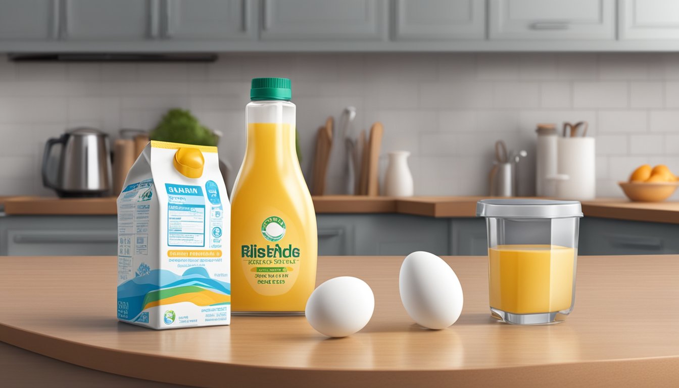 A carton of liquid egg substitute sits on a kitchen counter, with a clear expiration date visible. The surrounding area is clean and organized, with no potential hazards in sight