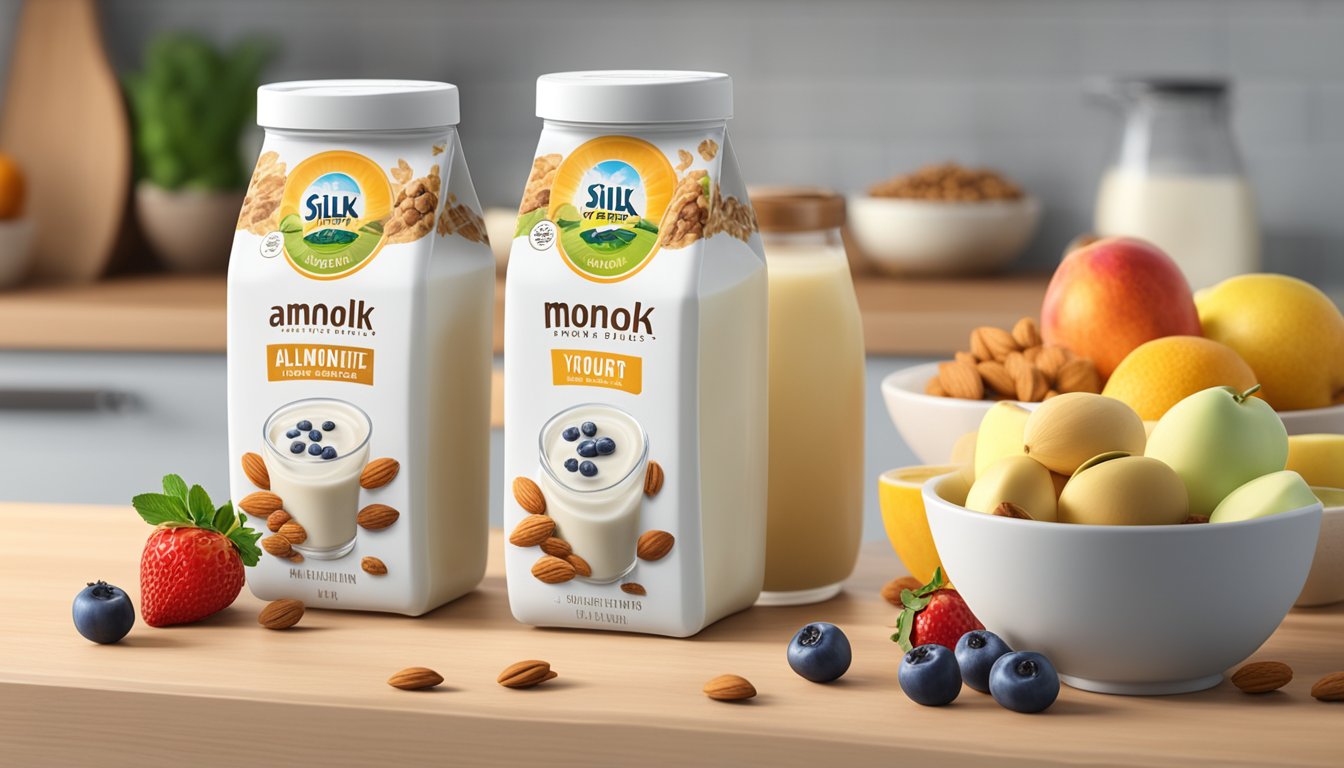 A container of Silk Almondmilk Dairy-Free Yogurt Alternative sits unopened on a kitchen counter, surrounded by fresh fruits and granola