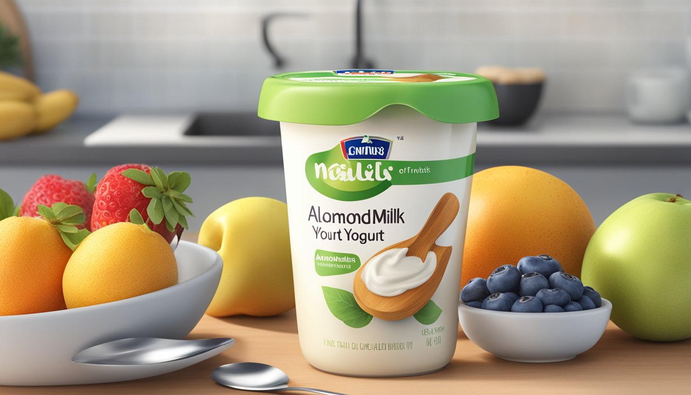 A carton of Silk Almondmilk Dairy-Free Yogurt Alternative sits unopened on a kitchen counter, surrounded by fresh fruit and a spoon