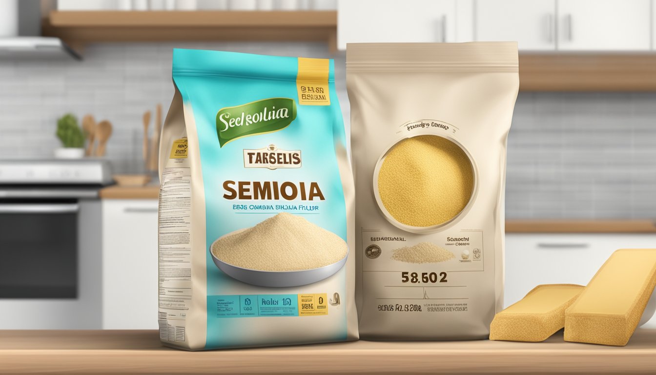 A bag of semolina flour sits on a kitchen shelf, with a clear expiration date printed on the packaging