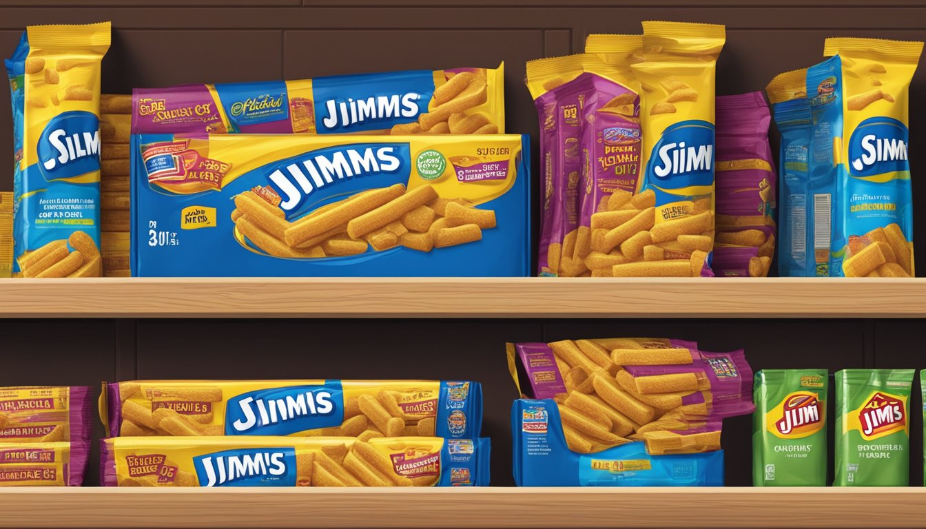 A pack of Slim Jims sits on a pantry shelf, unopened and sealed in its packaging. The expiration date is visible, indicating its shelf life