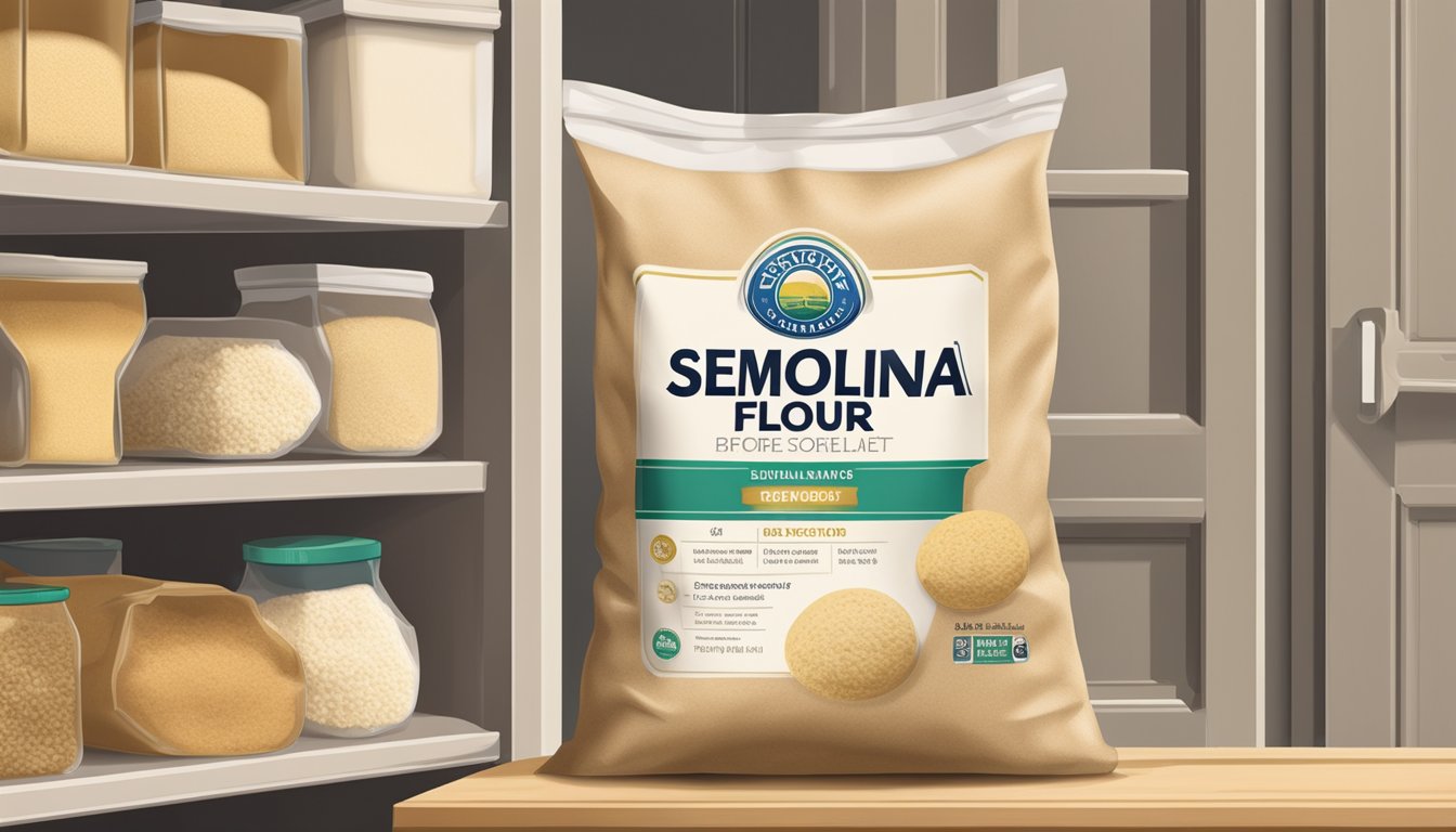 A sealed bag of semolina flour on a pantry shelf, with a best before date visible