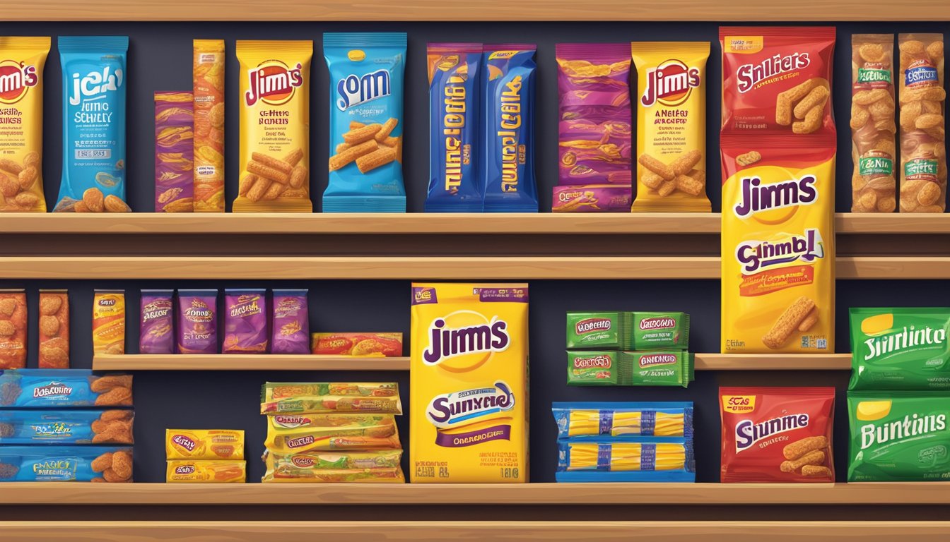 A pantry shelf stocked with Slim Jims of varying flavors and sizes, with expiration dates clearly visible on the packaging