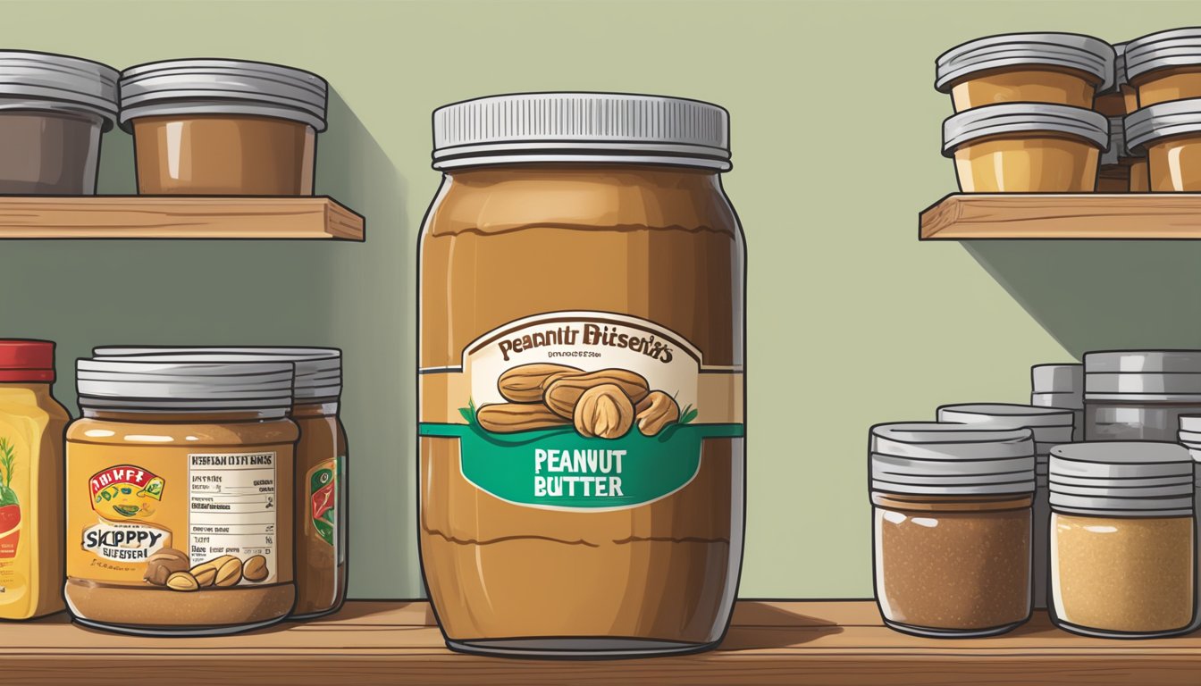 A jar of Skippy Peanut Butter sits on a shelf, surrounded by other pantry items. The label is facing forward, and the lid is tightly sealed