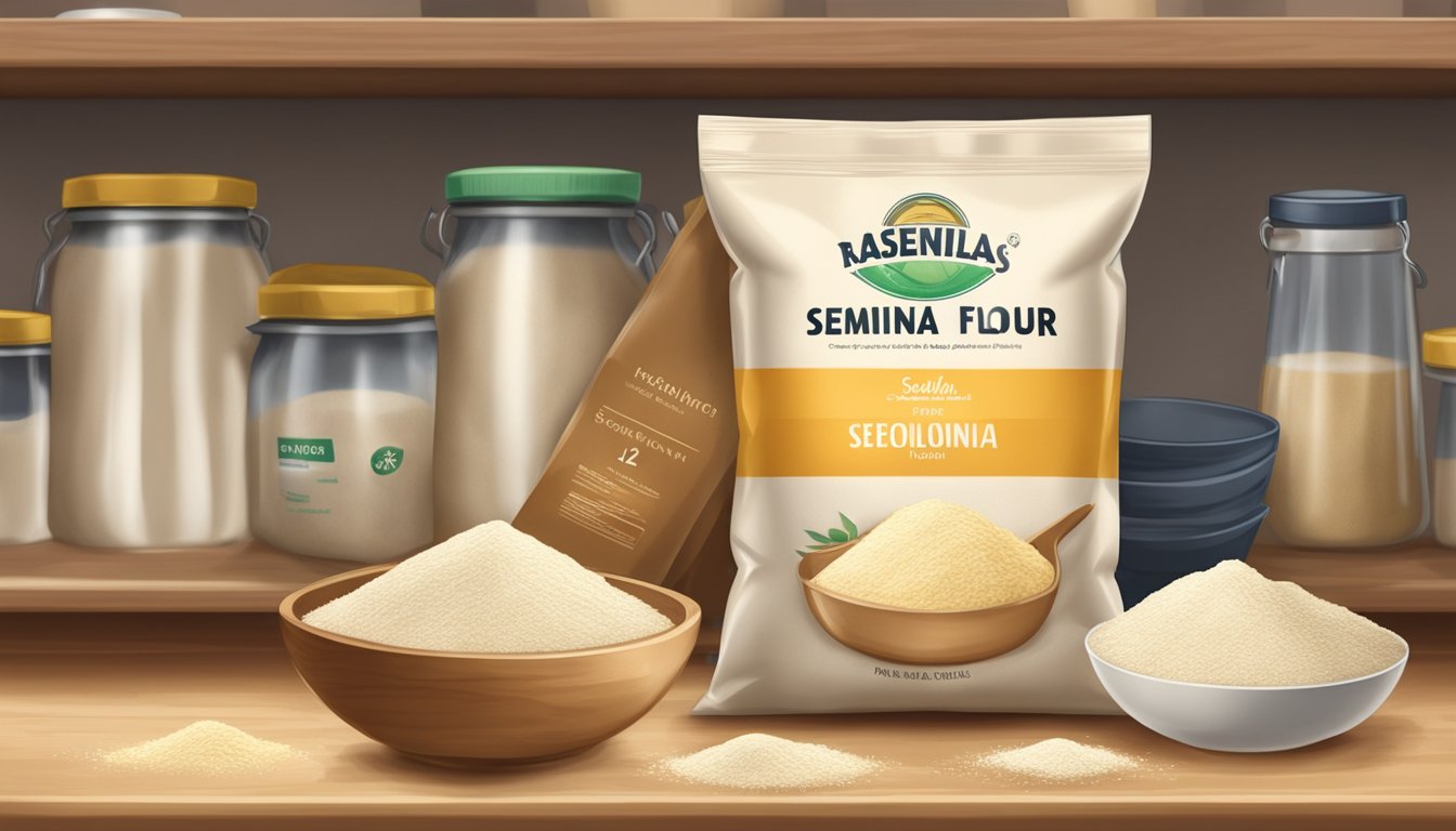 A bag of semolina flour sits on a kitchen shelf, with a visible expiration date and signs of spoilage such as discoloration and a musty odor