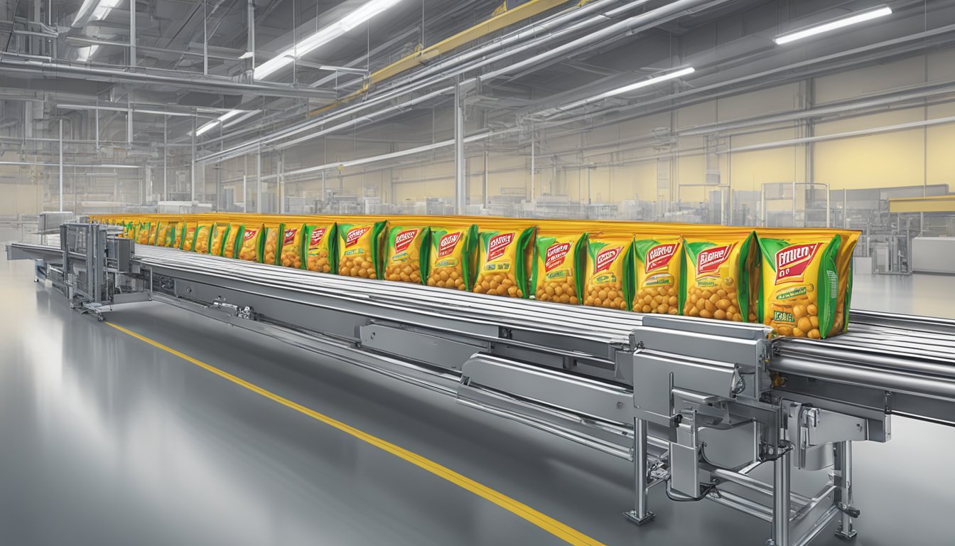 A factory conveyor belt packages Slim Jims into individual wrappers as they move along the line