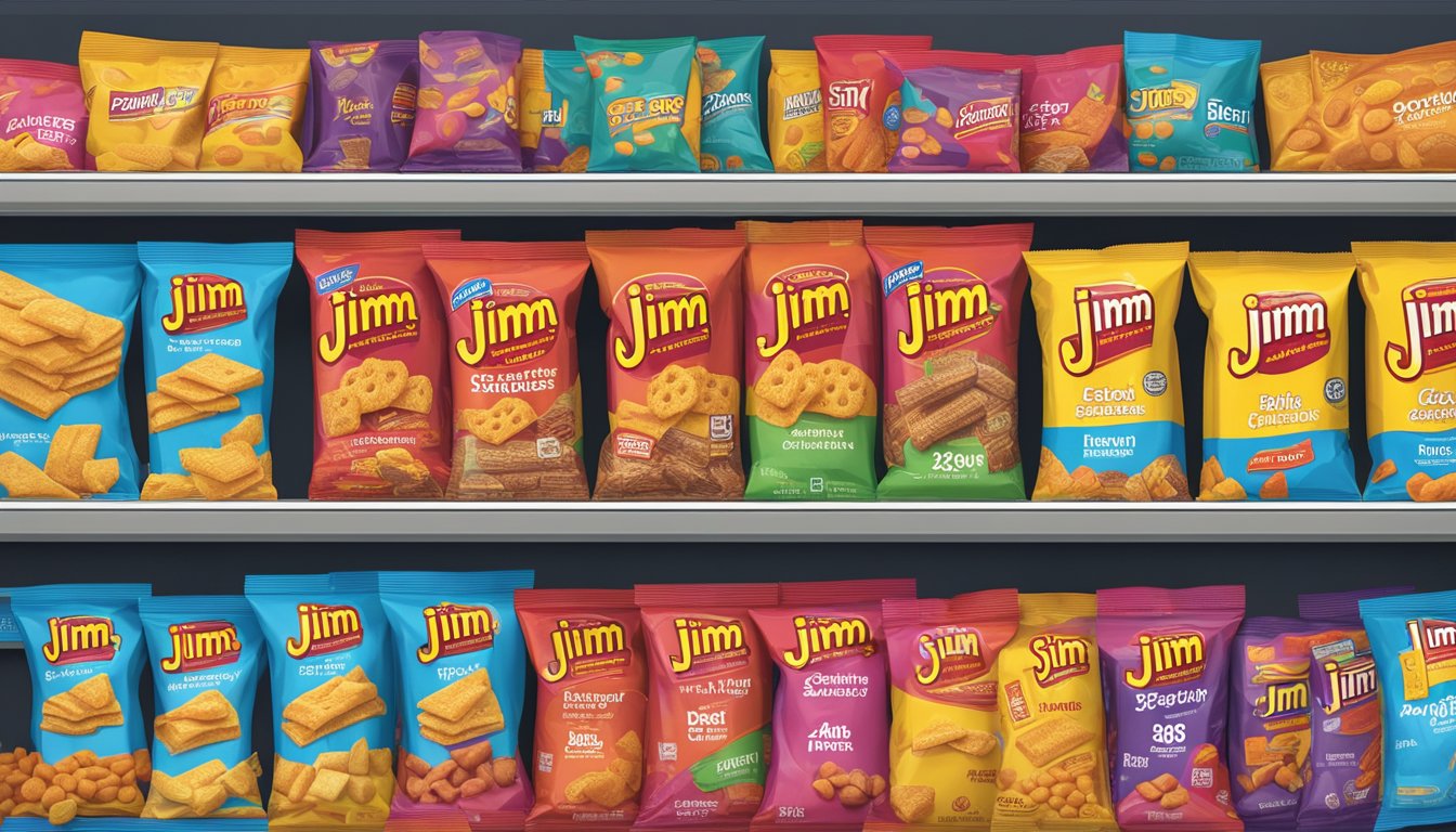 A pack of Slim Jims sits on a shelf, surrounded by various snack items. The expiration date is visible on the packaging