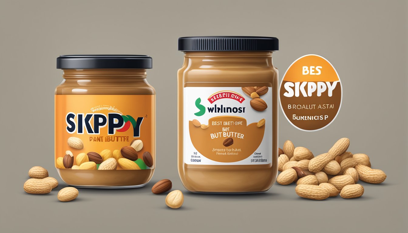 An open jar of Skippy Peanut Butter with a best before date on the label, surrounded by a variety of nuts and peanuts