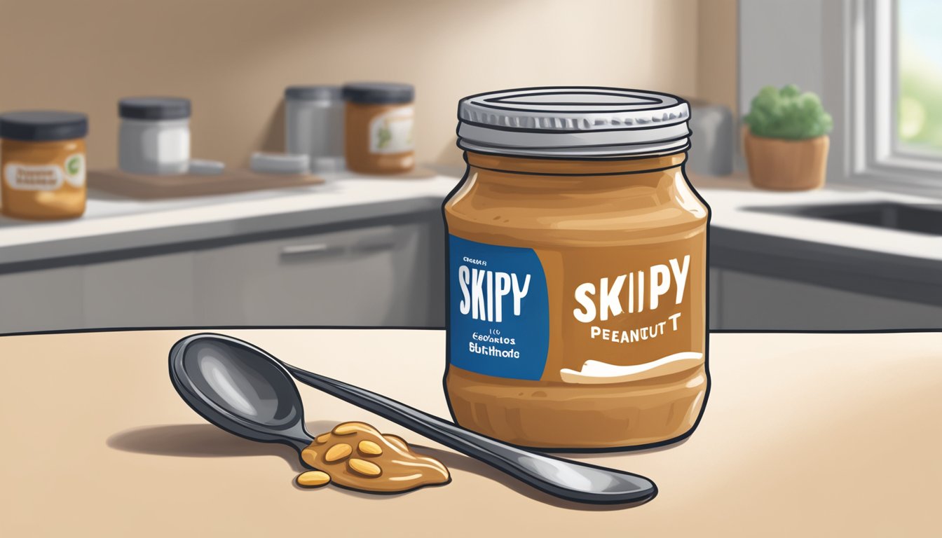 An open jar of Skippy Peanut Butter sits on a kitchen counter with a spoon next to it. The jar looks nearly empty, with a few smudges of peanut butter left on the sides