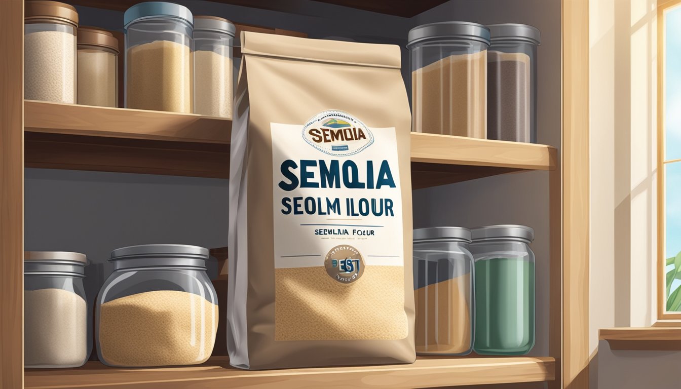 A sealed bag of semolina flour sits on a shelf in a cool, dry pantry, with a best-by date clearly visible