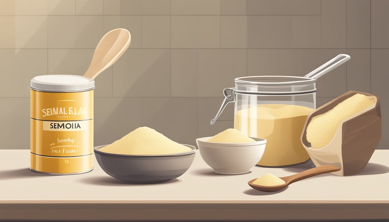 A bag of semolina flour sits on a clean, well-lit kitchen counter, next to a measuring cup and a spoon. The flour is dry and fine, with a slight yellow hue