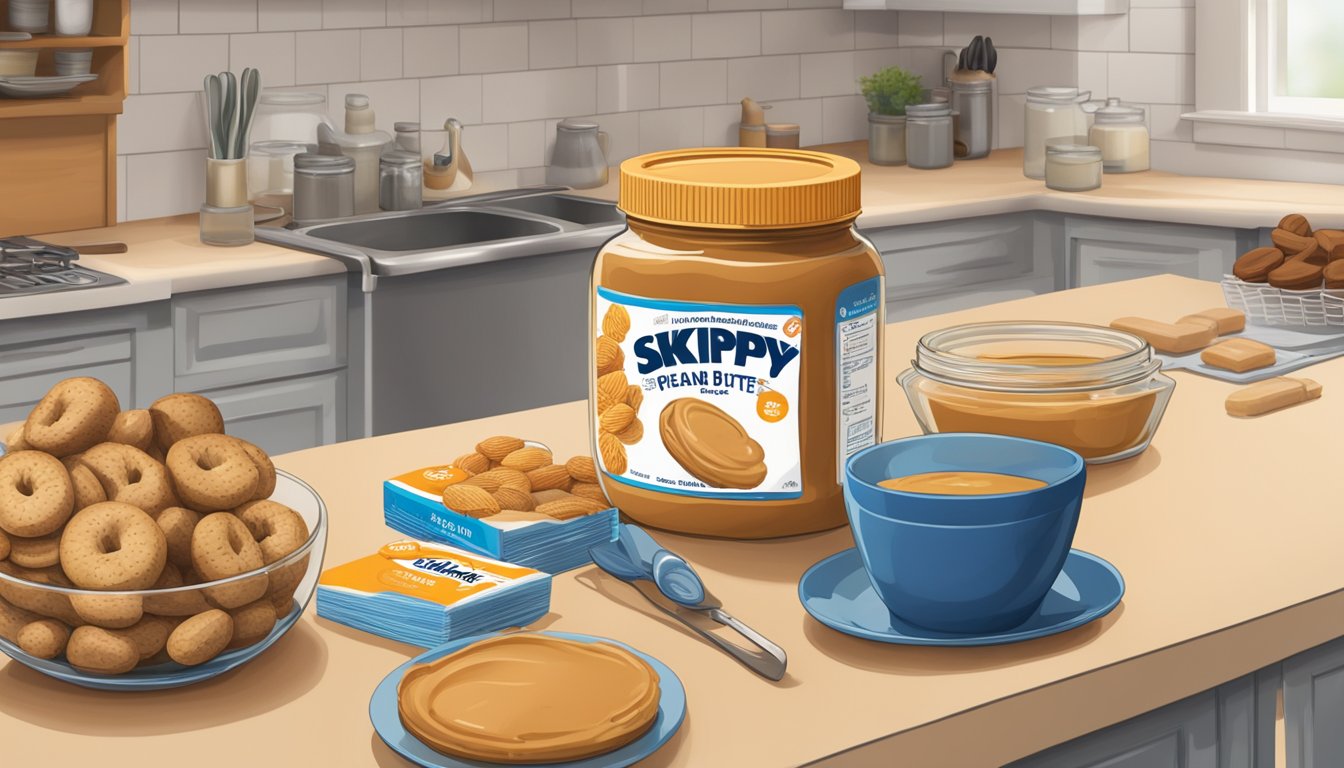 A jar of Skippy Peanut Butter sits on a kitchen counter, surrounded by various baked goods and a calendar showing the current date