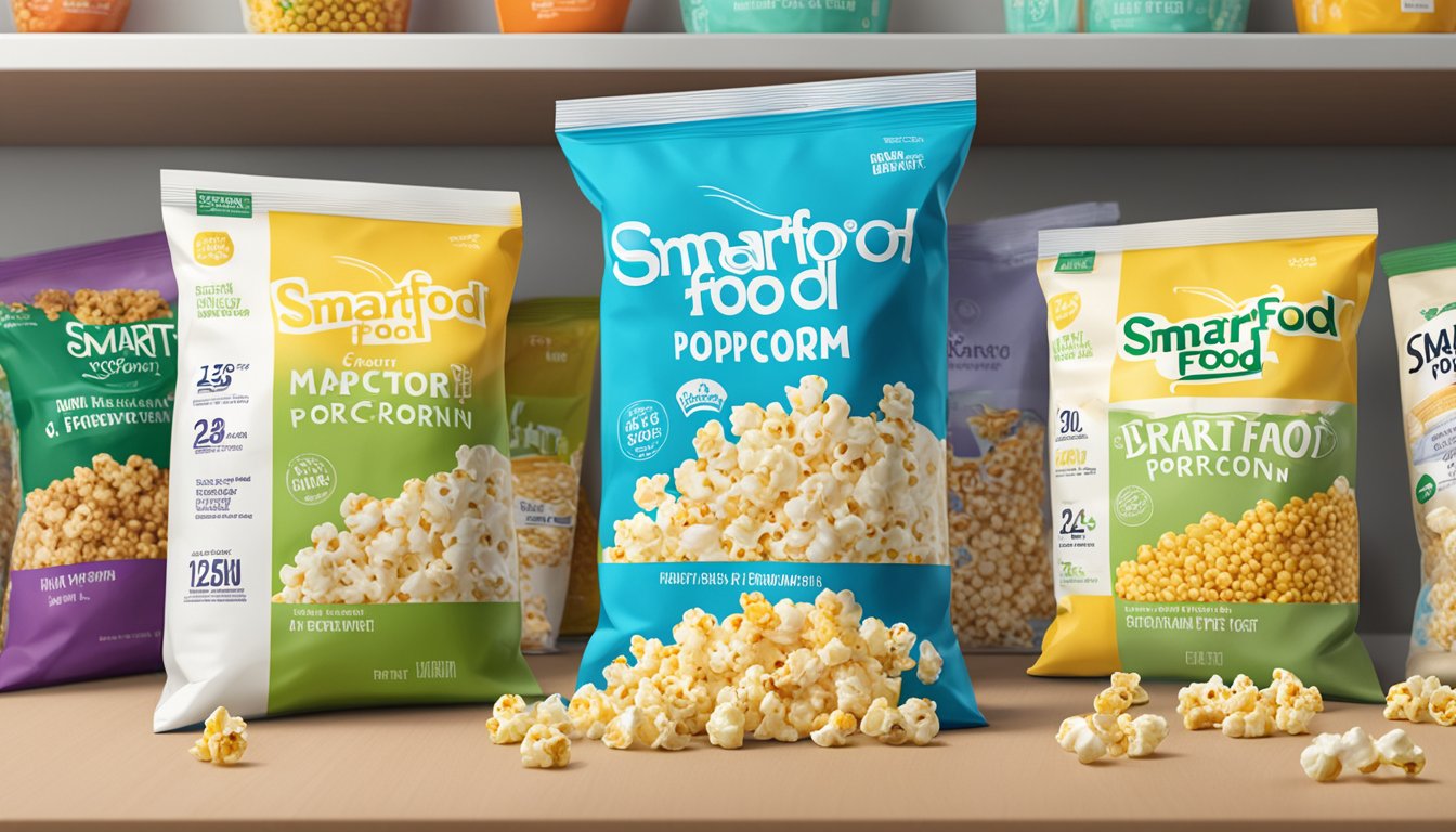 A bag of Smartfood Popcorn sits unopened on a clean, organized shelf in a pantry. The packaging is bright and colorful, with a clear expiration date printed on the front