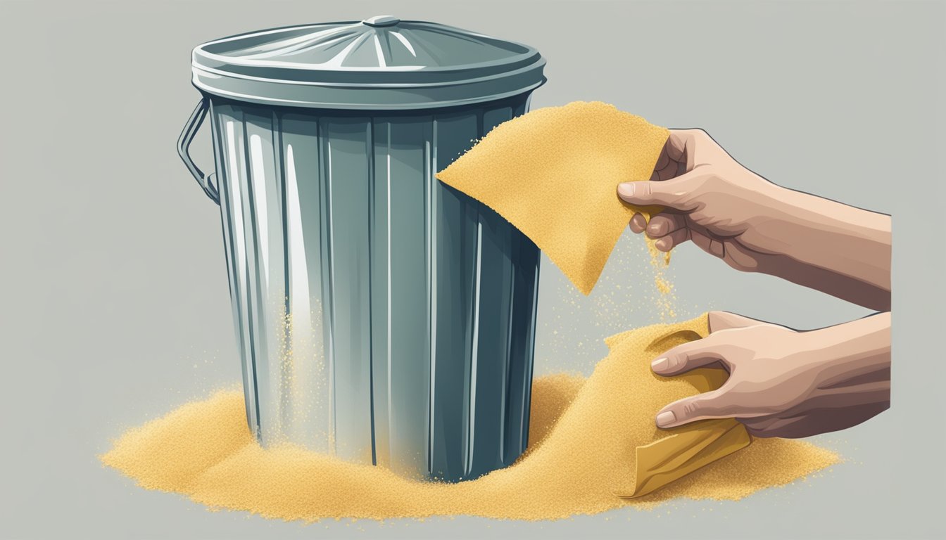 A hand pouring expired semolina flour from a torn bag into a trash can