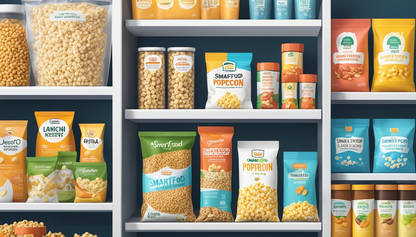 A bag of Smartfood Popcorn sits unopened on a clean, organized pantry shelf, surrounded by other snacks and food items