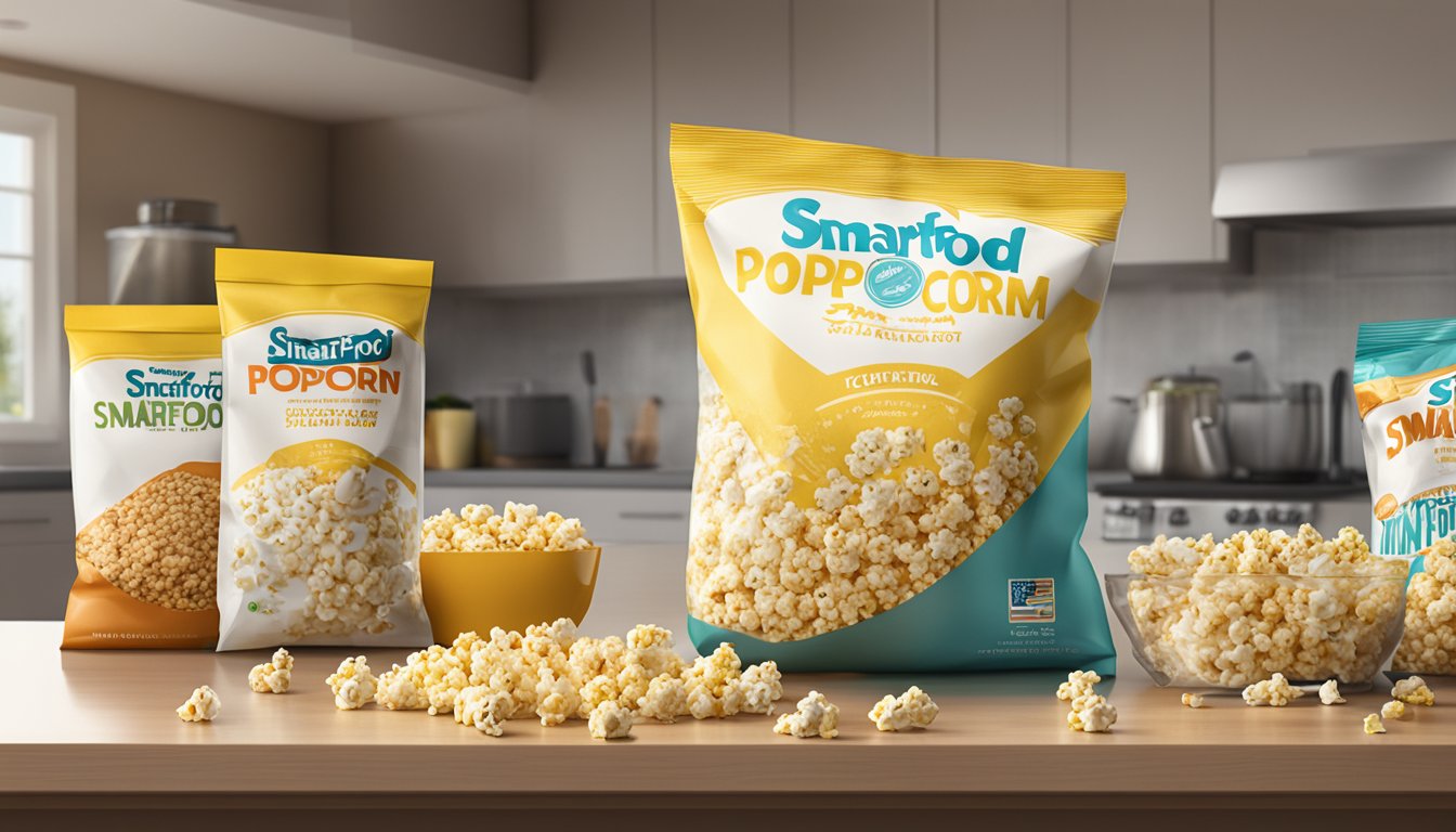 A bag of Smartfood Popcorn sits unopened on a clean kitchen counter, surrounded by other snack items