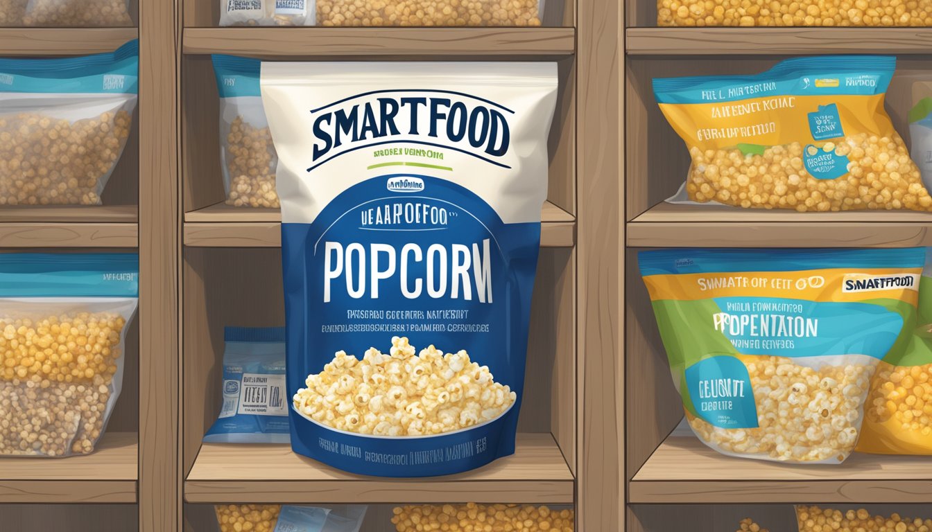 A pantry shelf with an unopened bag of Smartfood Popcorn, airtight container, and a label indicating the expiration date