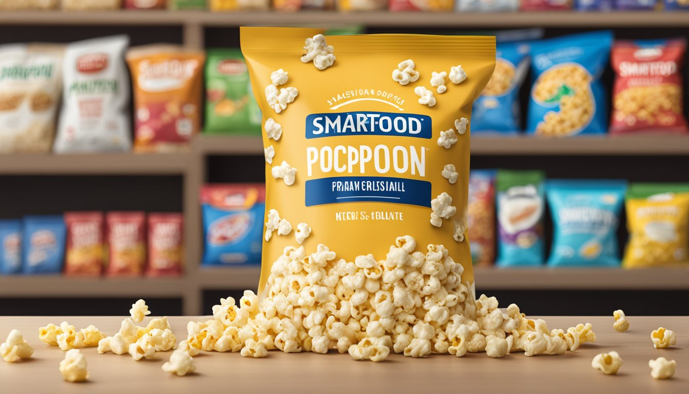 A bag of Smartfood Popcorn sits unopened on a pantry shelf, surrounded by other snacks and food items. The expiration date is visible on the packaging