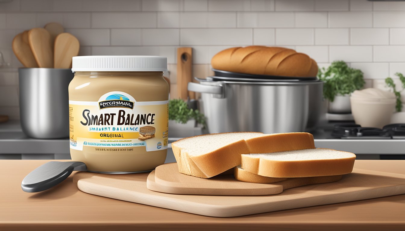 A tub of Smart Balance Original Spread sits on a kitchen counter, next to a loaf of bread and a knife. The lid is open, revealing the creamy spread inside