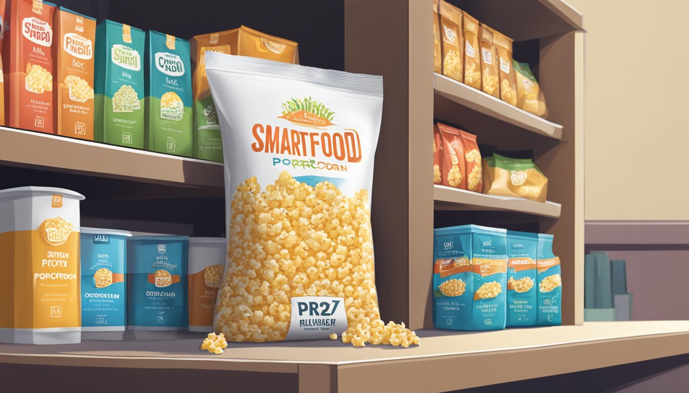 A bag of Smartfood Popcorn sits on a shelf, with a visible expiration date. Nearby, a person consults a guide on consuming expired popcorn