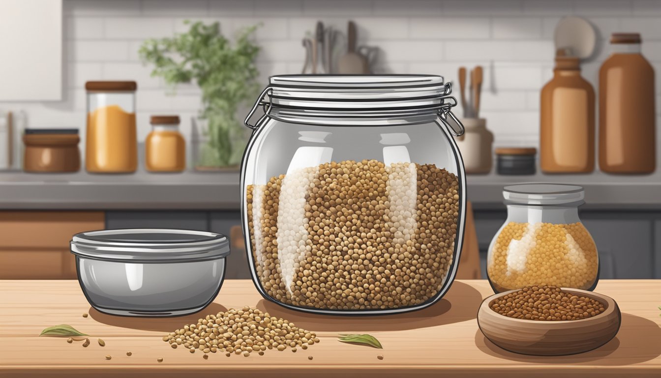 A jar of sesame seeds sits on a kitchen counter, surrounded by various spices and herbs. The seeds are small, oval-shaped, and range in color from white to light brown