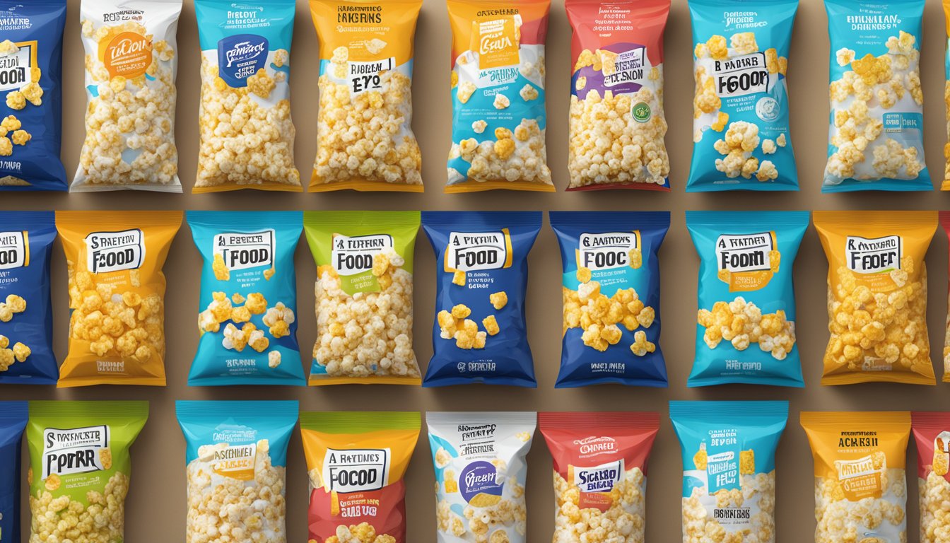 A variety of Smartfood Popcorn packages arranged on a shelf with expiration dates visible