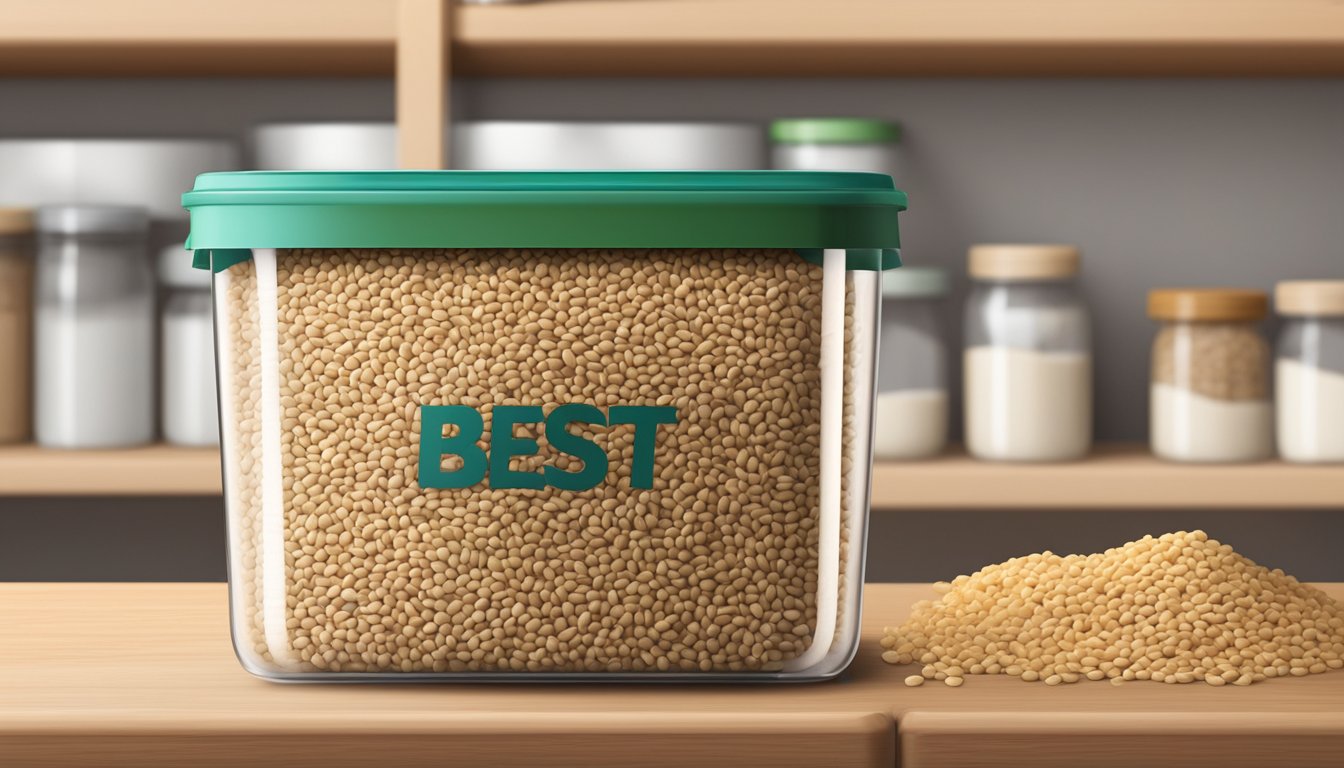 Sesame seeds in a sealed, airtight container on a pantry shelf with a "best by" date label