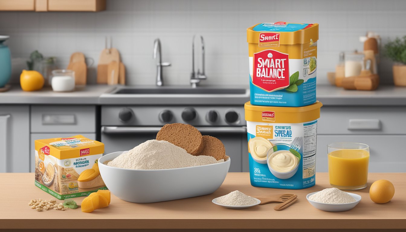 A tub of Smart Balance Original Spread sits on a kitchen counter, surrounded by various baking ingredients and utensils. The expiration date is clearly visible on the packaging