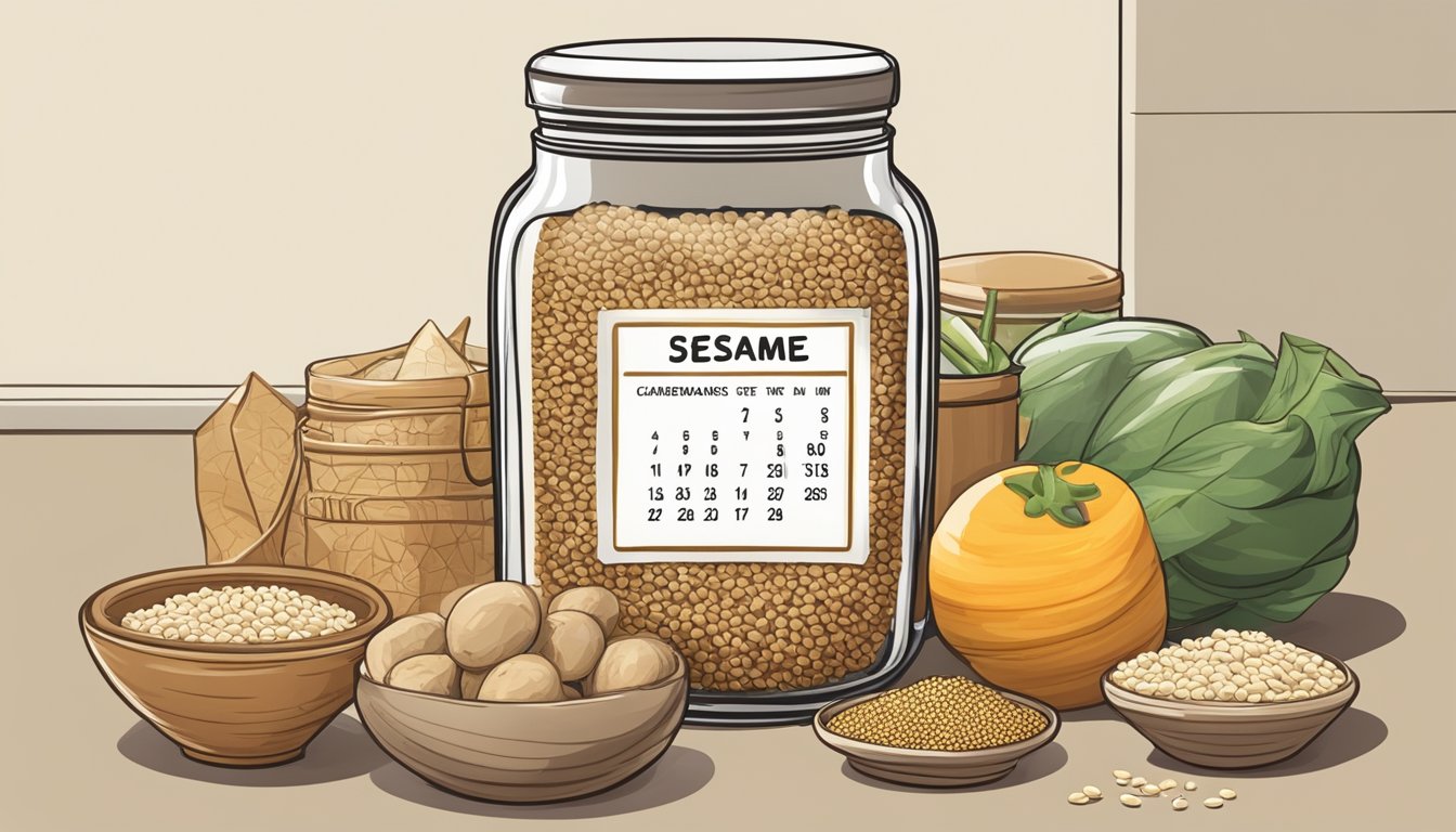 A jar of sesame seeds with a label showing the date of purchase, surrounded by various food items and a calendar indicating the current date