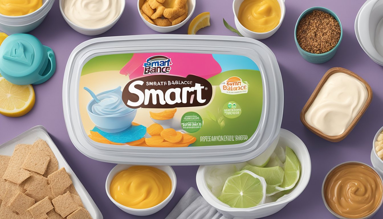 A tub of Smart Balance Original Spread sits unopened on a kitchen counter, surrounded by various alternative spreads and variants