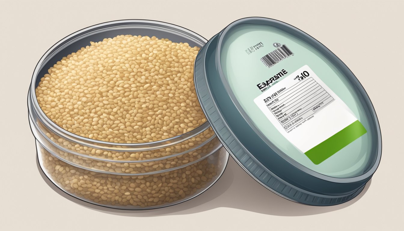 A pile of sesame seeds in a clear, airtight container with a visible expiration date on the label