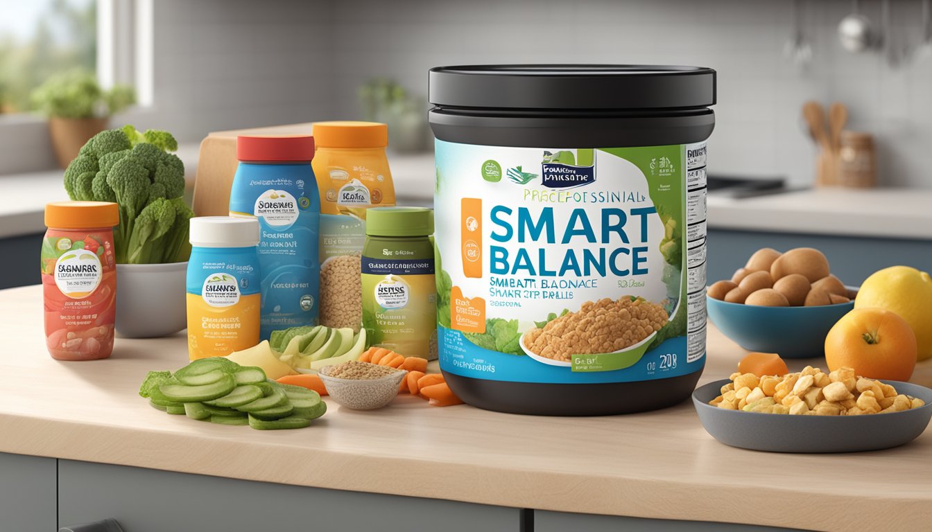 A tub of Smart Balance Original Spread sits on a kitchen counter, surrounded by various food items and a nutrition label