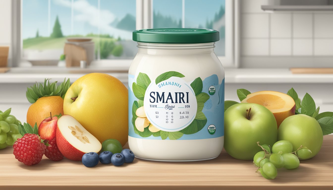 A jar of Smári Organic Icelandic Skyr sits on a kitchen shelf, surrounded by fresh fruits and a calendar showing the current date