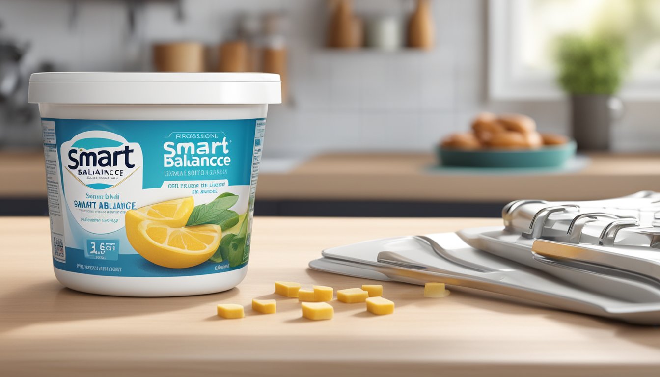 A tub of Smart Balance Original Spread sits on a clean, well-lit kitchen counter, with a calendar in the background showing the current date